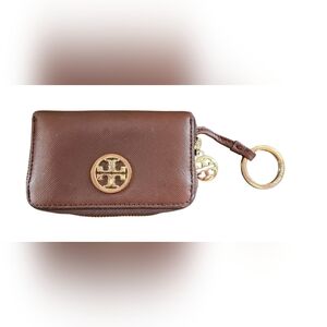 Tory Burch Brown Saffiano Leather Zip Coin Purse Wallet Key Ring Logo Compact